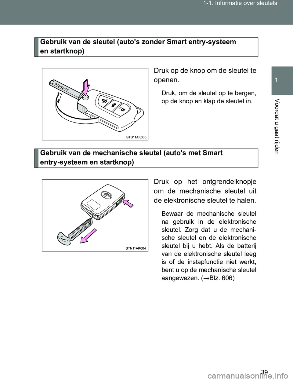 TOYOTA VERSO 2017  Instructieboekje (in Dutch) 39 1-1. Informatie over sleutels
1
Voordat u gaat rijden
VERSO_EE_OM64517E
Gebruik van de sleutel (auto's zonder Smart entry-systeem 
en startknop)
Druk op de knop om de sleutel te
openen.
Druk, o