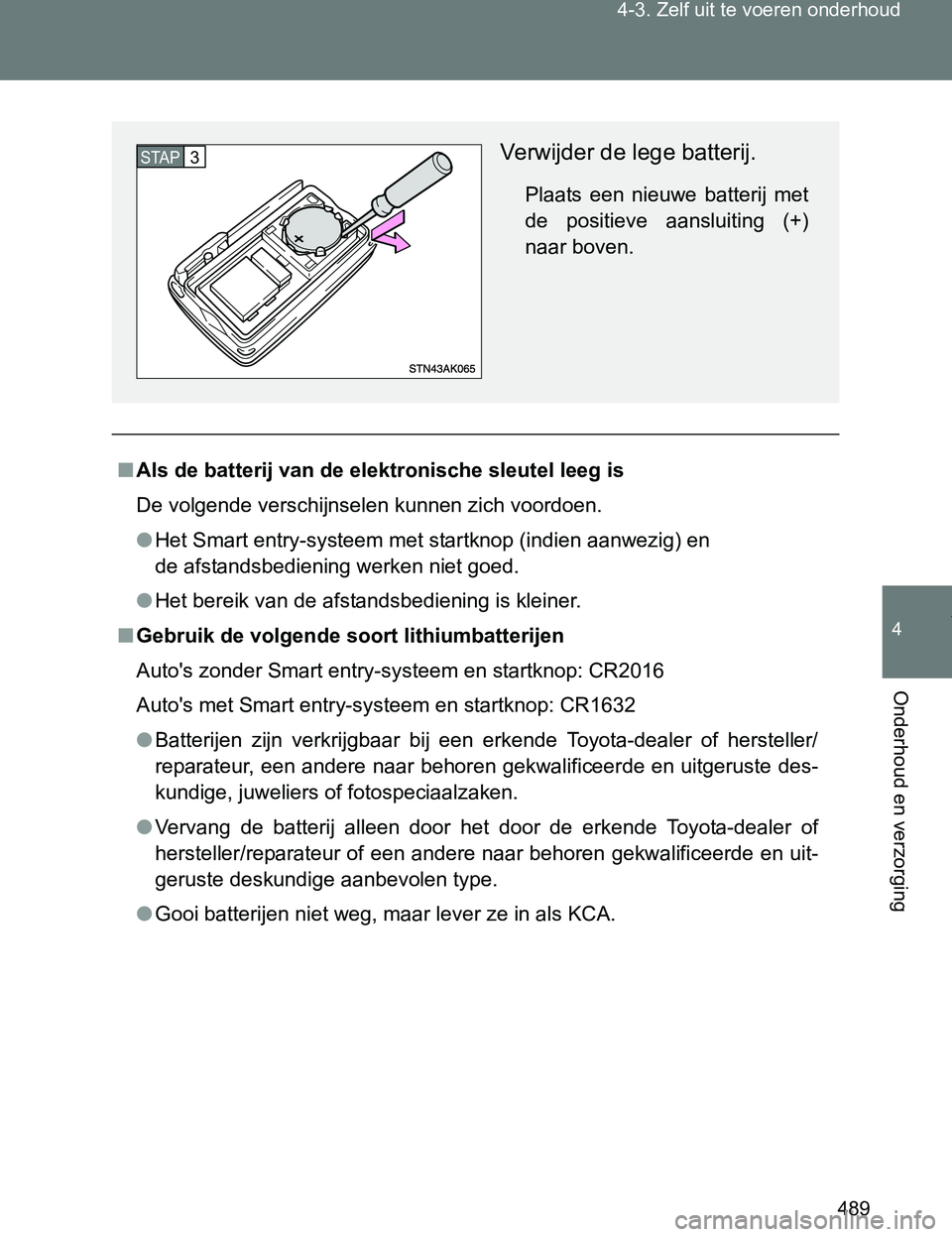 TOYOTA VERSO 2017  Instructieboekje (in Dutch) 489 4-3. Zelf uit te voeren onderhoud
4
Onderhoud en verzorging
VERSO_EE_OM64517E
■Als de batterij van de elektronische sleutel leeg is
De volgende verschijnselen kunnen zich voordoen.
●Het Smart 