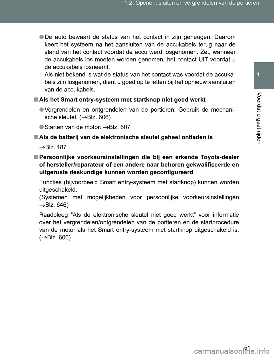 TOYOTA VERSO 2017 Instructieboekje (in Dutch) 51 1-2. Openen, sluiten en vergrendelen van de portieren
1
Voordat u gaat rijden
VERSO_EE_OM64517E
●De auto bewaart de status van het contact in zijn geheugen. Daarom
keert het systeem TOYOTA VERSO 2017 Instructieboekje (in Dutch) 51 1-2. Openen, sluiten en vergrendelen van de portieren
1
Voordat u gaat rijden
VERSO_EE_OM64517E
●De auto bewaart de status van het contact in zijn geheugen. Daarom
keert het systeem