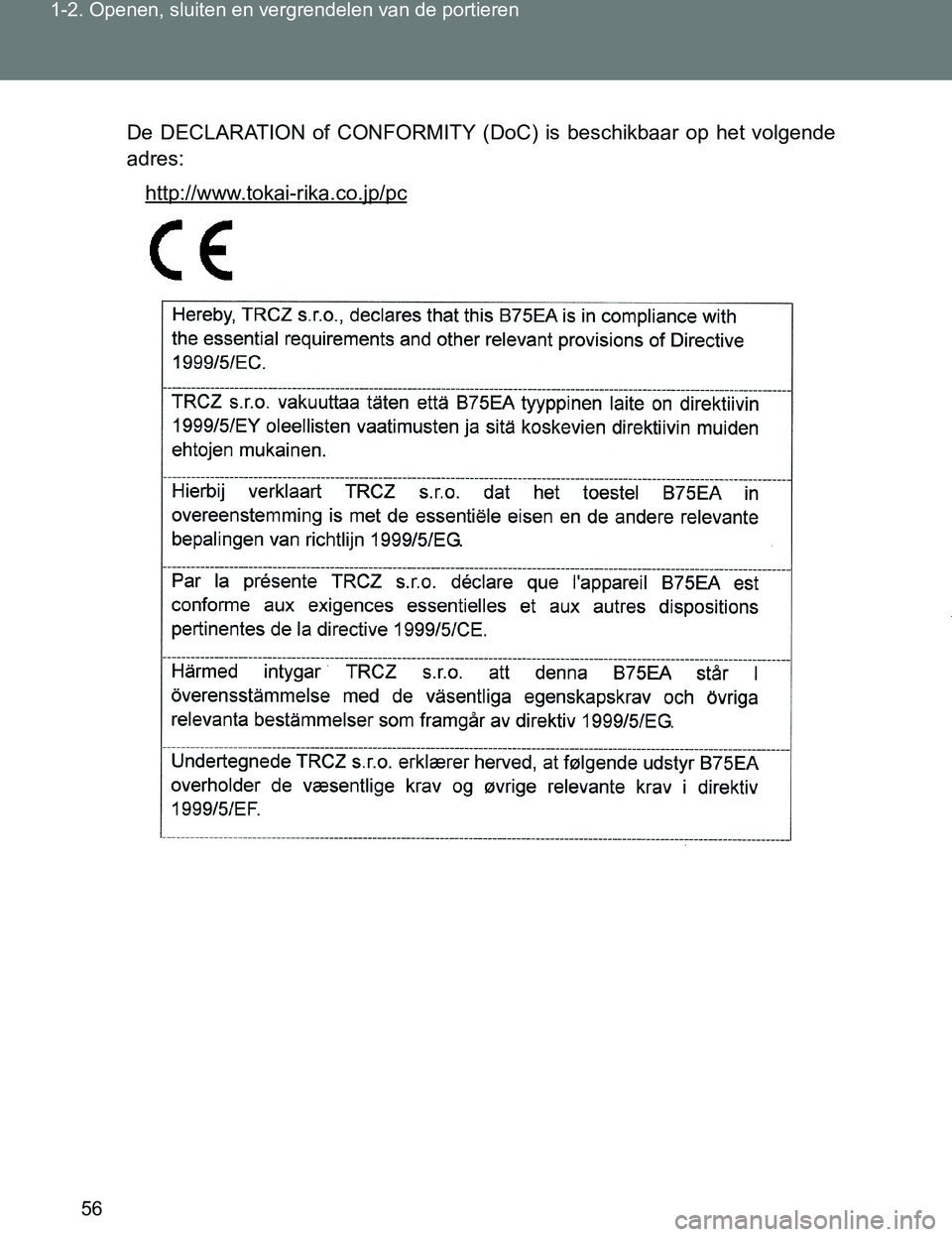 TOYOTA VERSO 2017  Instructieboekje (in Dutch) 56 1-2. Openen, sluiten en vergrendelen van de portieren
VERSO_EE_OM64517E
De  DECLARATION  of  CONFORMITY  (DoC)  is  beschikbaar  op  het  volgende
adres:
http://www.tokai-rika.co.jp/pc
VERSO_OM_Eur