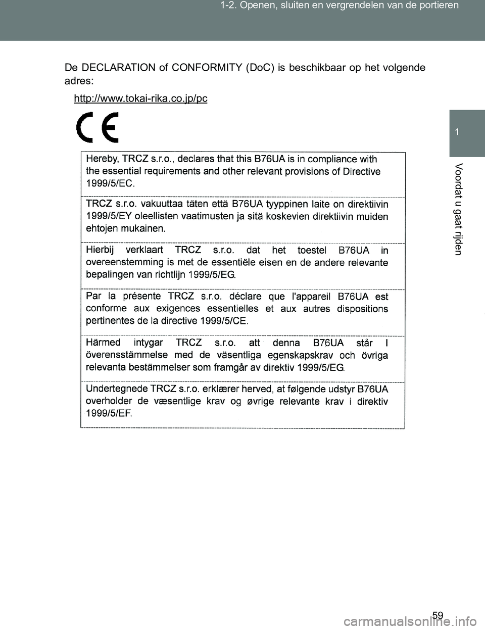 TOYOTA VERSO 2017  Instructieboekje (in Dutch) 59 1-2. Openen, sluiten en vergrendelen van de portieren
1
Voordat u gaat rijden
VERSO_EE_OM64517E
De  DECLARATION  of  CONFORMITY  (DoC)  is  beschikbaar  op  het  volgende
adres:
http://www.tokai-ri