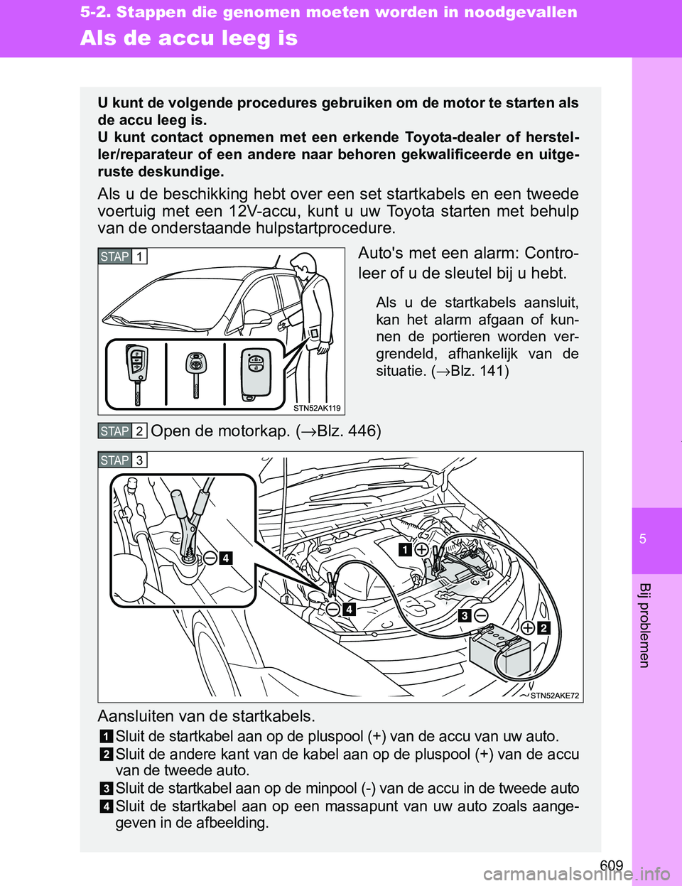 TOYOTA VERSO 2017  Instructieboekje (in Dutch) 5
609
5-2. Stappen die genomen moeten worden in noodgevallen
Bij problemen
VERSO_EE_OM64517E
Als de accu leeg is
U kunt de volgende procedures gebruiken om de motor te starten als
de accu leeg is.
U  