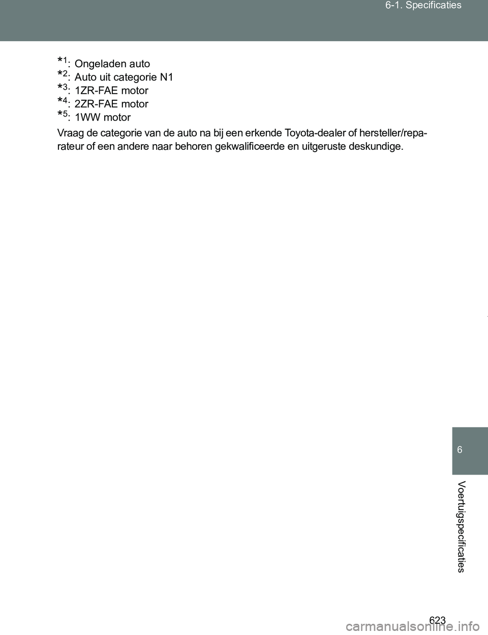 TOYOTA VERSO 2017  Instructieboekje (in Dutch) 623 6-1. Specificaties
6
Voertuigspecificaties
VERSO_EE_OM64517E
*1: Ongeladen auto
*2: Auto uit categorie N1
*3:1ZR-FAE motor
*4:2ZR-FAE motor
*5: 1WW motor
Vraag de categorie van de auto na bij een 