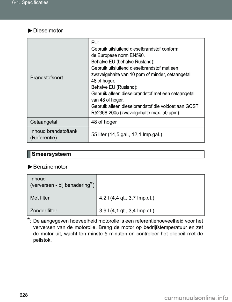 TOYOTA VERSO 2017  Instructieboekje (in Dutch) 628 6-1. Specificaties
VERSO_EE_OM64517EDieselmotor
Smeersysteem
Benzinemotor
*: De aangegeven hoeveelheid motorolie is een referentiehoeveelheid voor het
verversen  van  de  motorolie.  Breng  de  mo