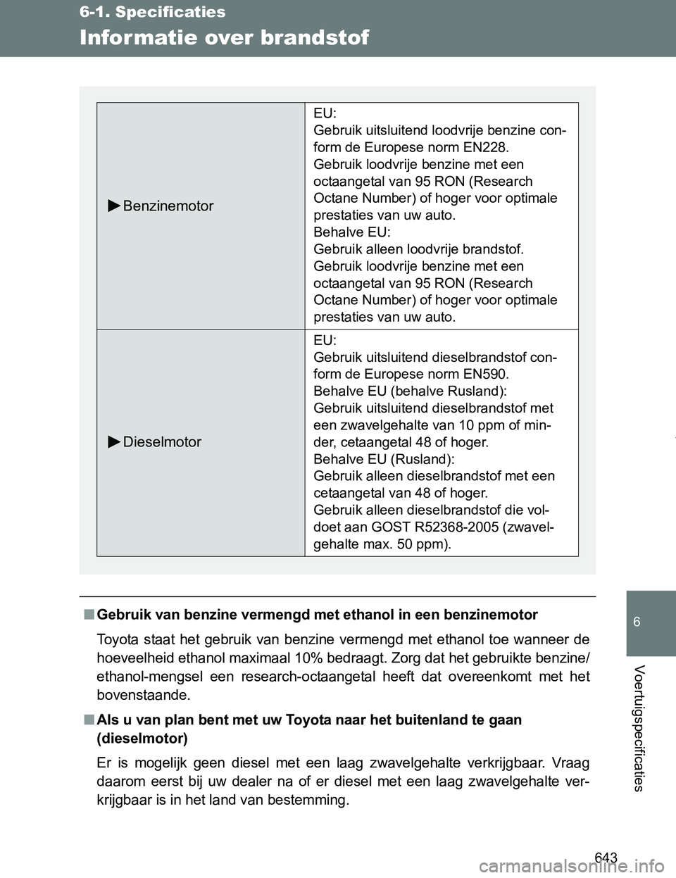 TOYOTA VERSO 2017  Instructieboekje (in Dutch) 643
6-1. Specificaties
6
Voertuigspecificaties
VERSO_EE_OM64517E
Infor matie over brandstof
■Gebruik van benzine vermengd met ethanol in een benzinemotor
Toyota  staat  het  gebruik  van  benzine  v