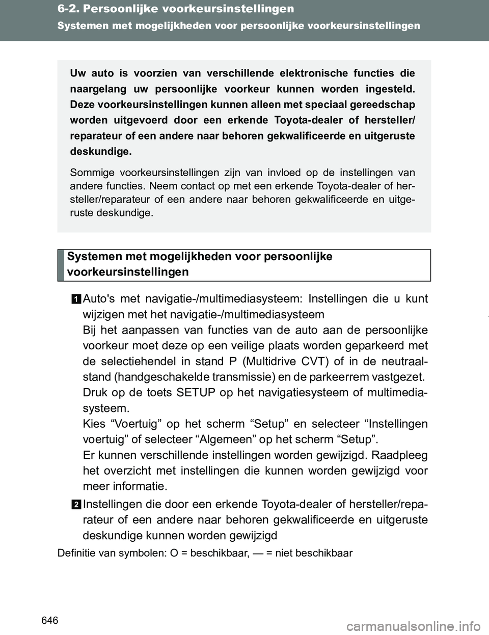 TOYOTA VERSO 2017  Instructieboekje (in Dutch) 646
VERSO_EE_OM64517E
6-2. Persoonlijke voorkeursinstellingen
Systemen met mogelijkheden voor persoonlijke voorkeursinstellingen
Systemen met mogelijkheden voor persoonlijke
voorkeursinstellingen
Auto