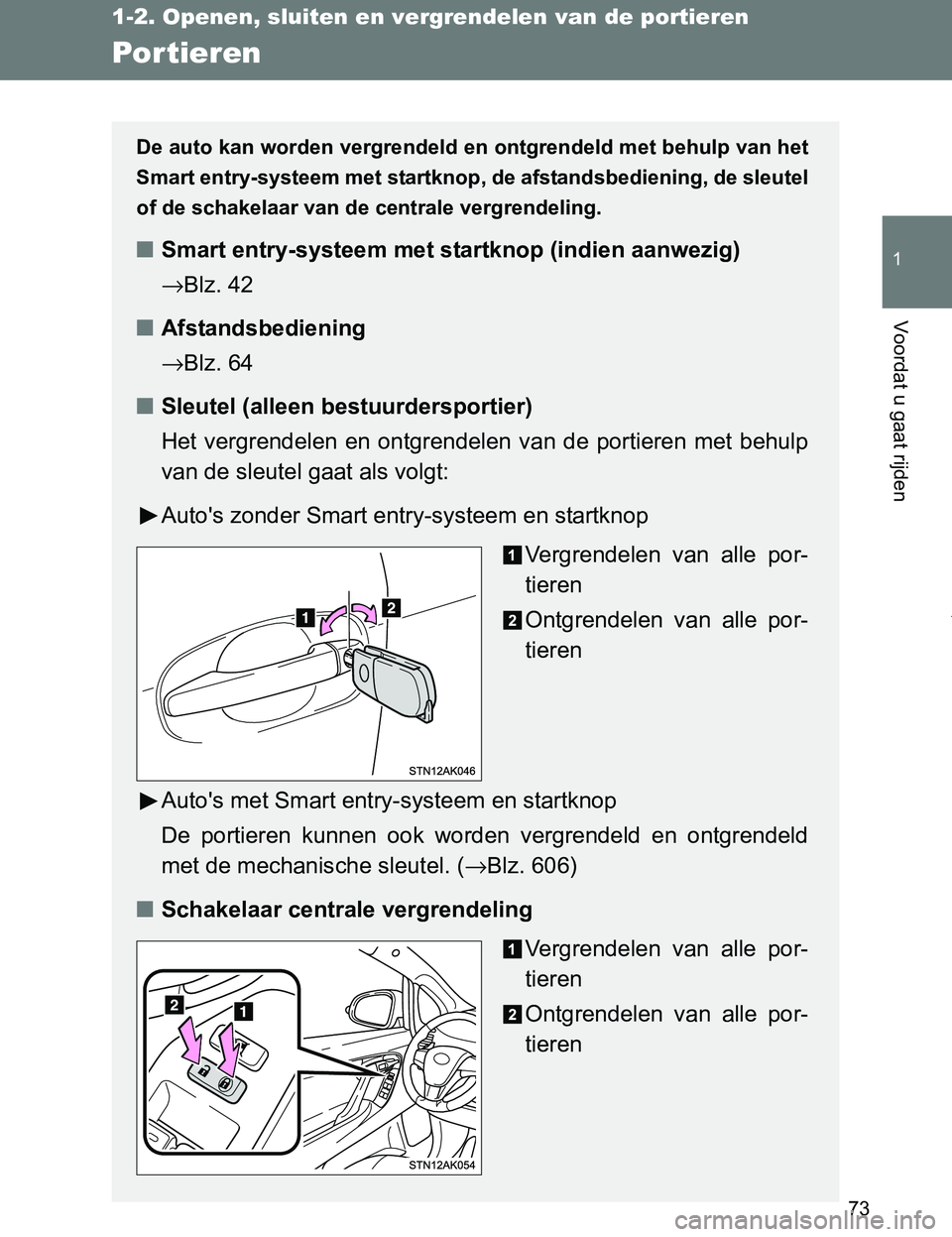 TOYOTA VERSO 2017  Instructieboekje (in Dutch) 73
1
1-2. Openen, sluiten en vergrendelen van de portieren
Voordat u gaat rijden
VERSO_EE_OM64517E
Por tieren
De auto kan worden vergrendeld en ontgrendeld met behulp van het
Smart entry-systeem met s