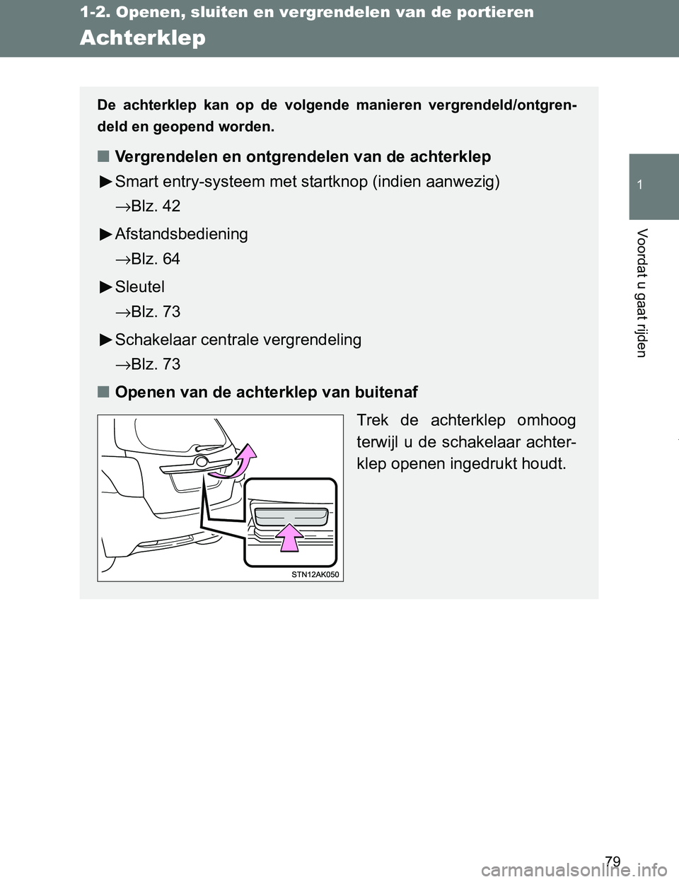 TOYOTA VERSO 2017  Instructieboekje (in Dutch) 79
1
1-2. Openen, sluiten en vergrendelen van de portieren
Voordat u gaat rijden
VERSO_EE_OM64517E
Achterklep
De  achterklep  kan  op  de  volgende  manieren  vergrendeld/ontgren-
deld en geopend word