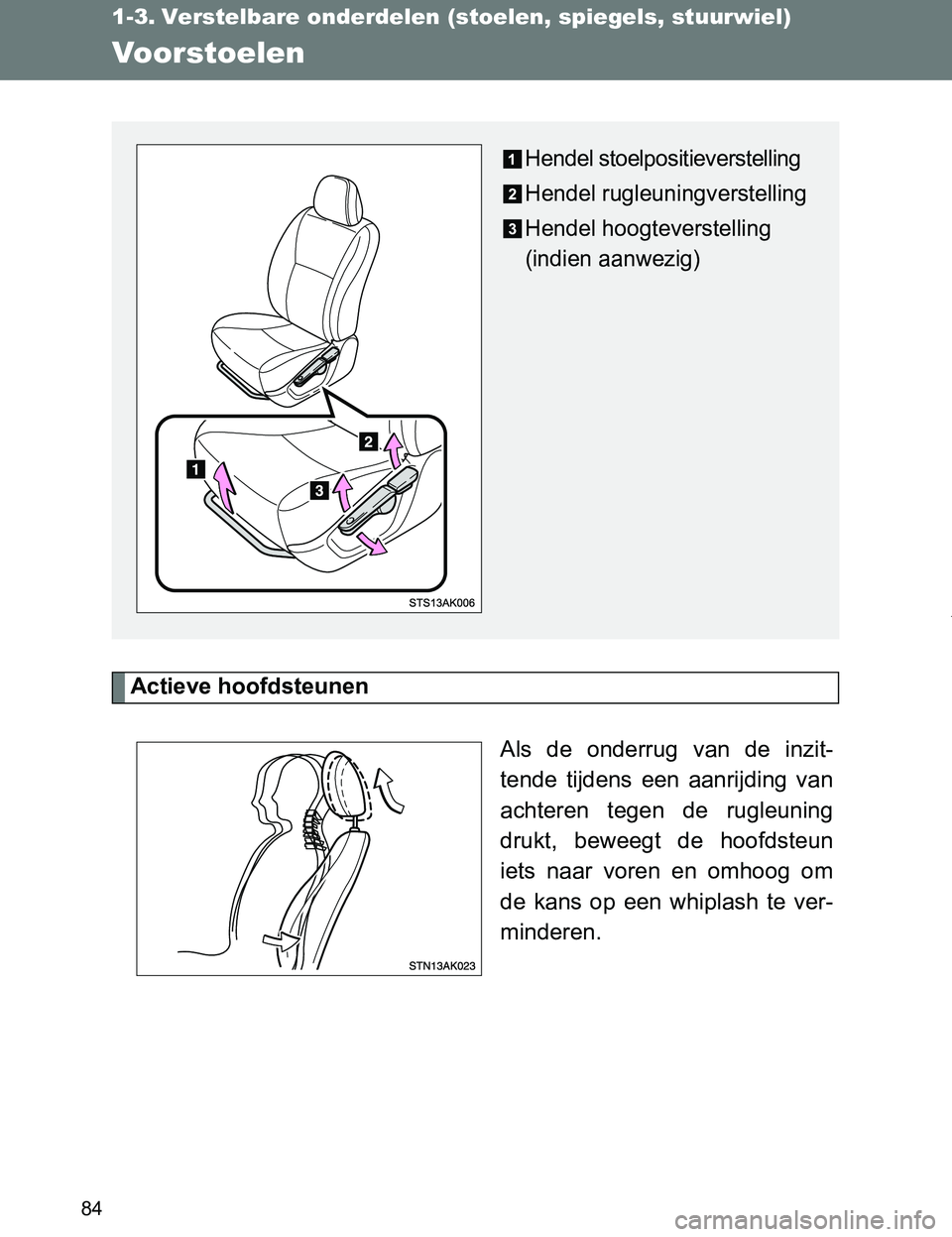 TOYOTA VERSO 2017  Instructieboekje (in Dutch) 84
VERSO_EE_OM64517E
1-3. Verstelbare onderdelen (stoelen, spiegels, stuurwiel)
Voorstoelen
Actieve hoofdsteunen
Als  de  onderrug  van  de  inzit-
tende  tijdens  een  aanrijding  van
achteren  tegen