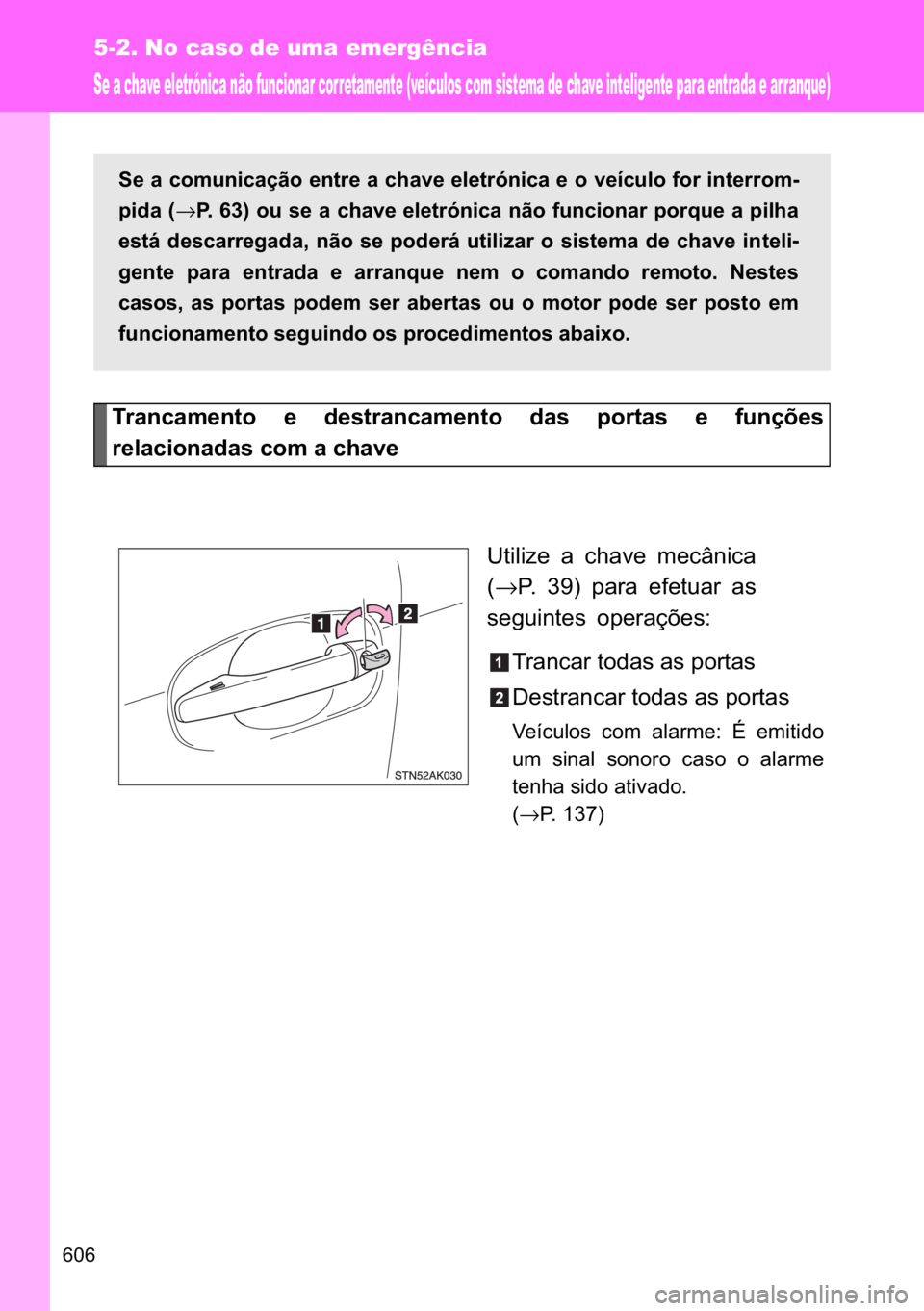 TOYOTA VERSO 2017  Manual de utilização (in Portuguese) ���
5-2. No caso de uma emergência
Se a chave eletrónica não funcionar corretamente (veículos com sistema de chave inteligente para entrada e arranque)
�7�U�D�Q�F�D�P�H�Q�W�R� �H� �G�H�V�W�U�