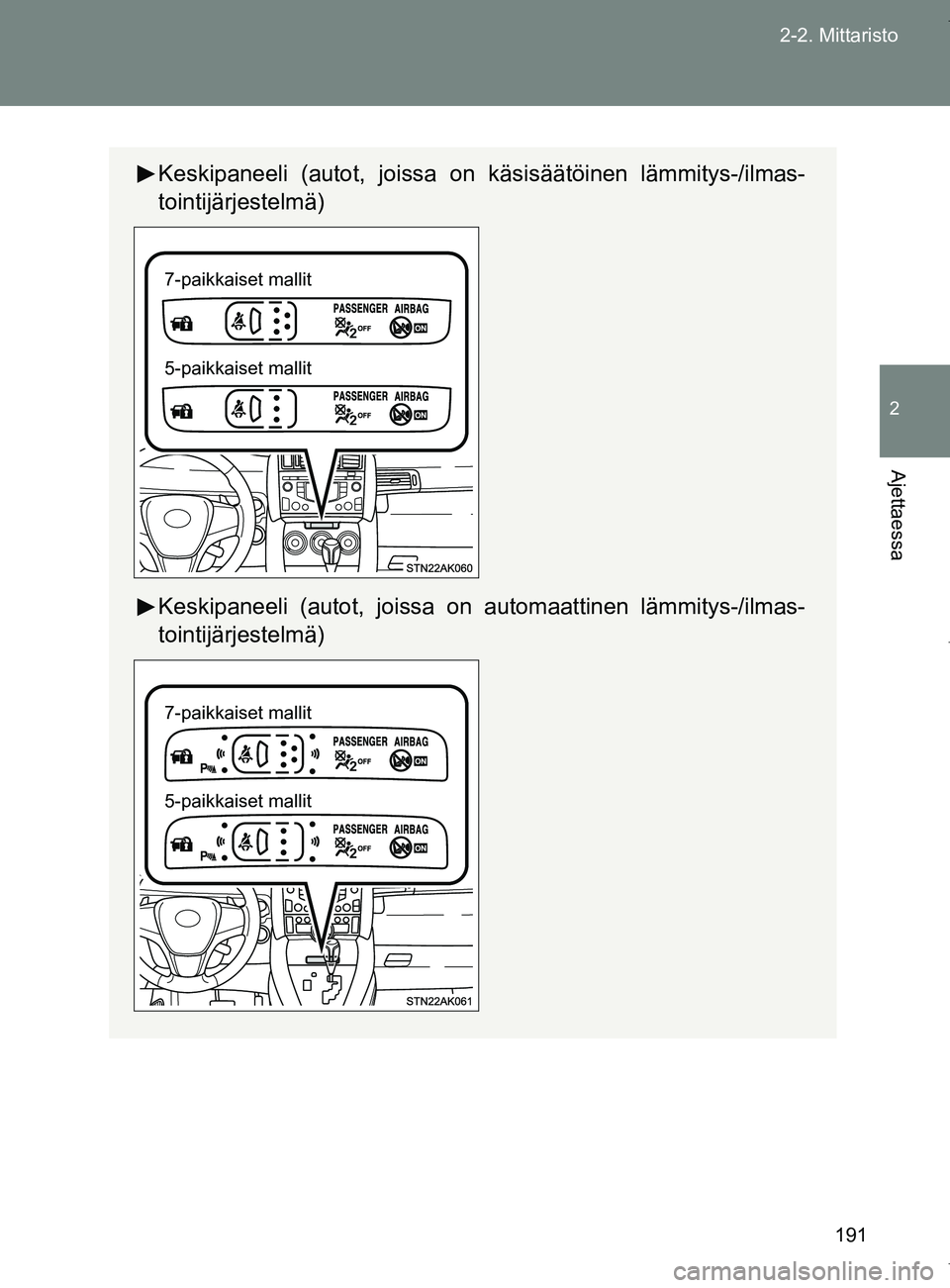 TOYOTA VERSO 2017  Omistajan Käsikirja (in Finnish) 191
2-2. Mittaristo
2
Ajettaessa
OM64517FI
Keskipaneeli (autot, joissa on käsisäätöinen lämmitys-/ilmas-
tointijärjestelmä)
Keskipaneeli (autot, joissa on automaattinen lämmitys-/ilmas-
tointi