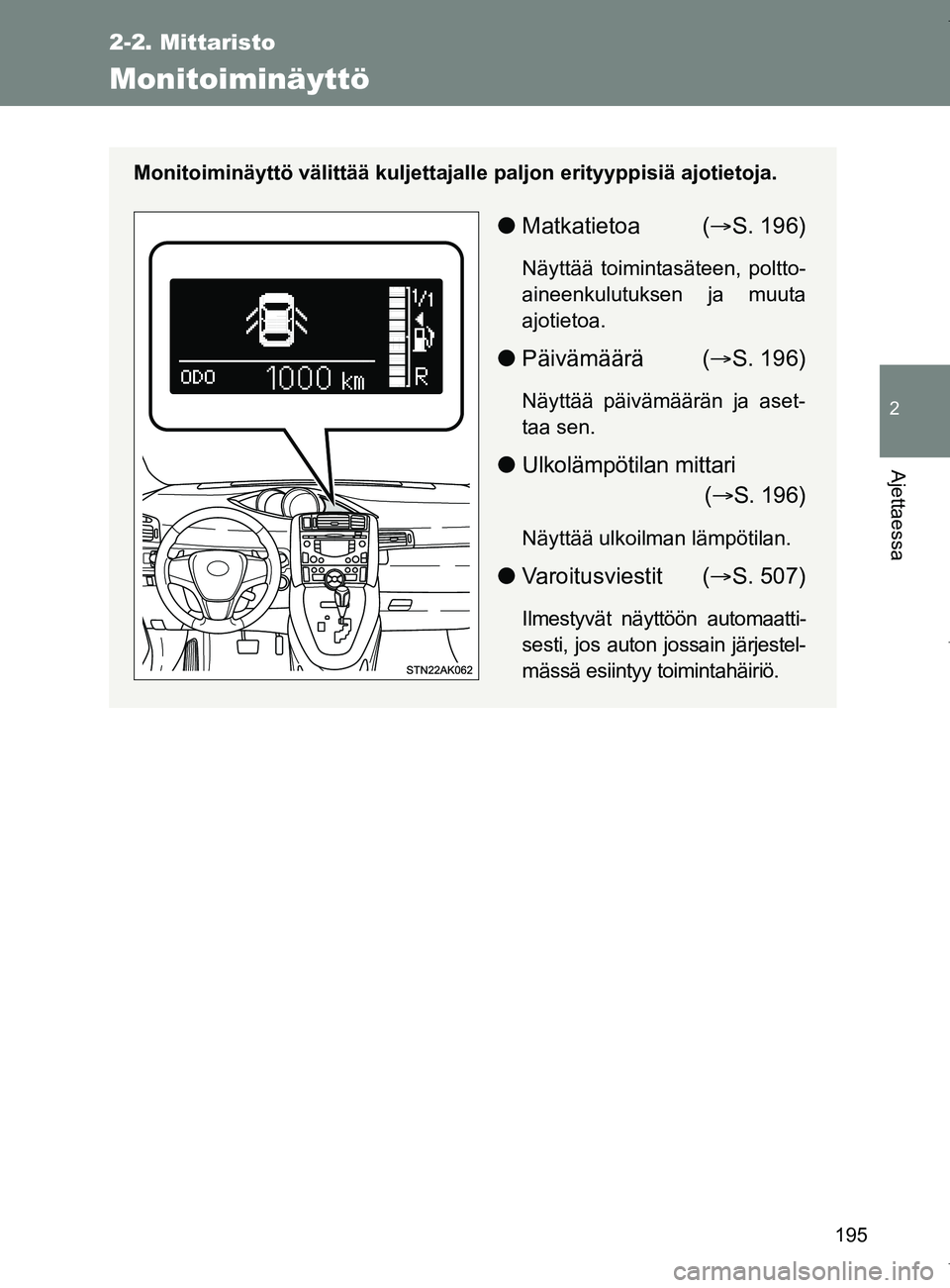 TOYOTA VERSO 2017  Omistajan Käsikirja (in Finnish) 195
2-2. Mittaristo
2
Ajettaessa
OM64517FI
Monitoiminäyttö
Monitoiminäyttö välittää kuljettajalle paljon erityyppisiä ajotietoja.
●Matkatietoa ( S. 196)
Näyttää toimintasäteen, poltto