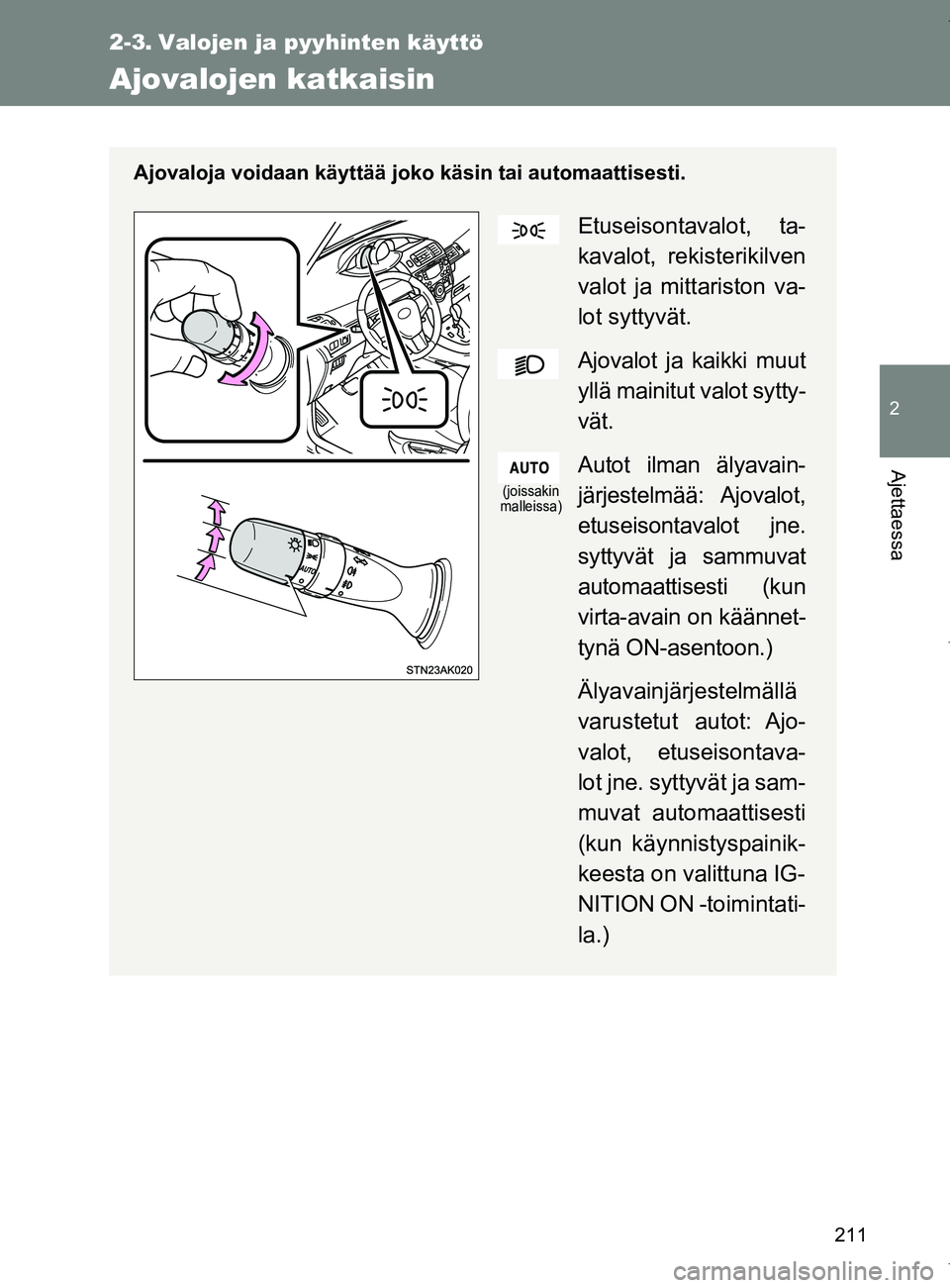 TOYOTA VERSO 2017  Omistajan Käsikirja (in Finnish) 211
2
Ajettaessa
OM64517FI
2-3. Valojen ja pyyhinten käyttö
Ajovalojen katkaisin
Ajovaloja voidaan käyttää joko käsin tai automaattisesti.
Etuseisontavalot, ta-
kavalot, rekisterikilven
valot ja