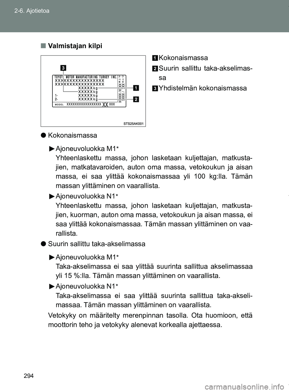 TOYOTA VERSO 2017  Omistajan Käsikirja (in Finnish) 294
2-6. Ajotietoa
OM64517FI
■
Valmistajan kilpi
Kokonaismassa
Suurin sallittu taka-akselimas-
sa
Yhdistelmän kokonaismassa
● Kokonaismassa
Ajoneuvoluokka M1
*
Yhteenlaskettu massa, johon lasketa