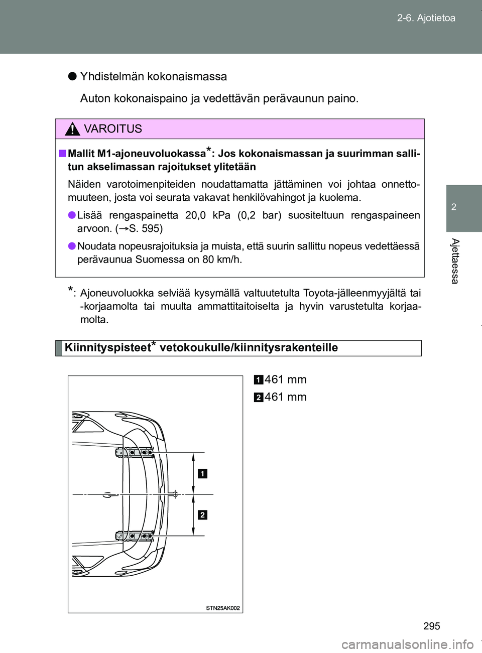 TOYOTA VERSO 2017  Omistajan Käsikirja (in Finnish) 295
2-6. Ajotietoa
2
Ajettaessa
OM64517FI
●
Yhdistelmän kokonaismassa
Auton kokonaispaino ja vedettävän perävaunun paino.
*: Ajoneuvoluokka selviää kysymällä valtuutetulta Toyota-jälleenmyy