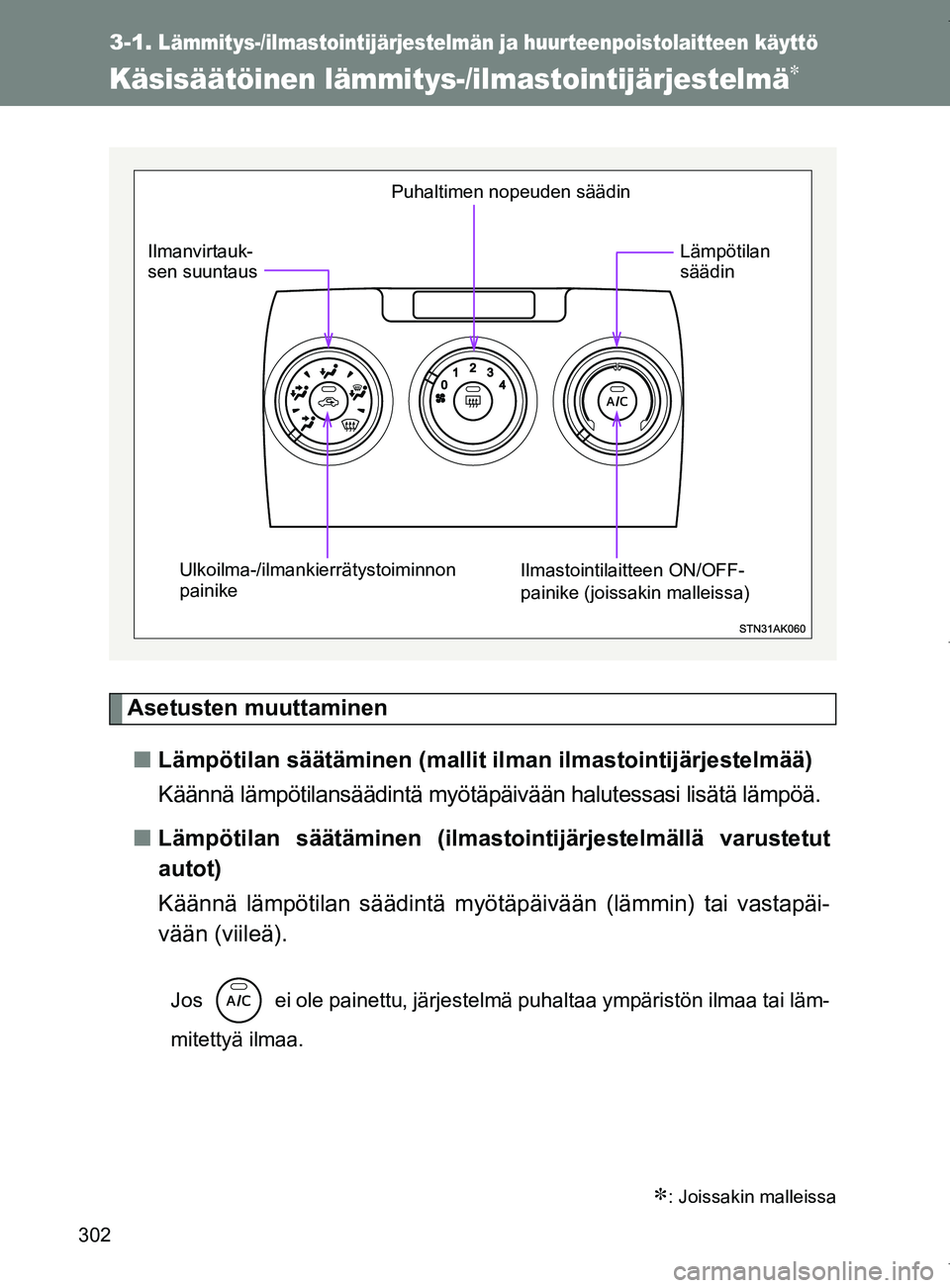TOYOTA VERSO 2017  Omistajan Käsikirja (in Finnish) 302
OM64517FI
3-1.Lämmitys-/ilmastointijärjestelmän ja huurteenpoistolaitteen käyttö
Käsisäätöinen lämmitys-/ilmastointijärjestelmä
Asetusten muuttaminen
■ Lämpötilan säätäminen 