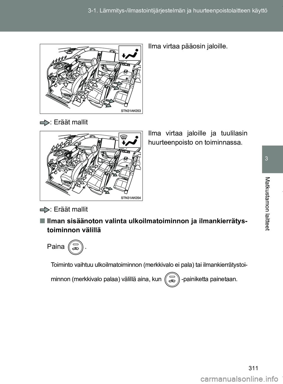 TOYOTA VERSO 2017  Omistajan Käsikirja (in Finnish) 311
3-1. Lämmitys-/ilmastointijärjestelm
än ja huurteenpoistolaitteen käyttö
3
Matkustamon laitteet
OM64517FI Ilma virtaa 
pääosin jaloille.
: Eräät mallit Ilma virtaa jaloille ja tuulilasin
