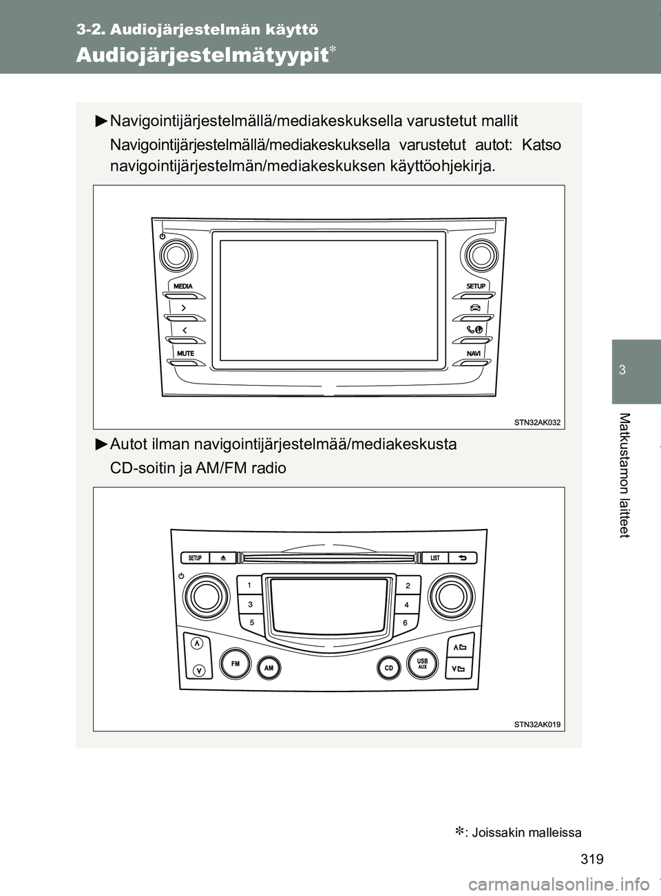 TOYOTA VERSO 2017  Omistajan Käsikirja (in Finnish) 319
3
Matkustamon laitteet
OM64517FI
3-2. Audiojärjestelmän käyttö
Audiojärjestelmätyypit
: Joissakin malleissa
Navigointijärjestelmällä/mediakeskuksella varustetut mallit
Navigointijä