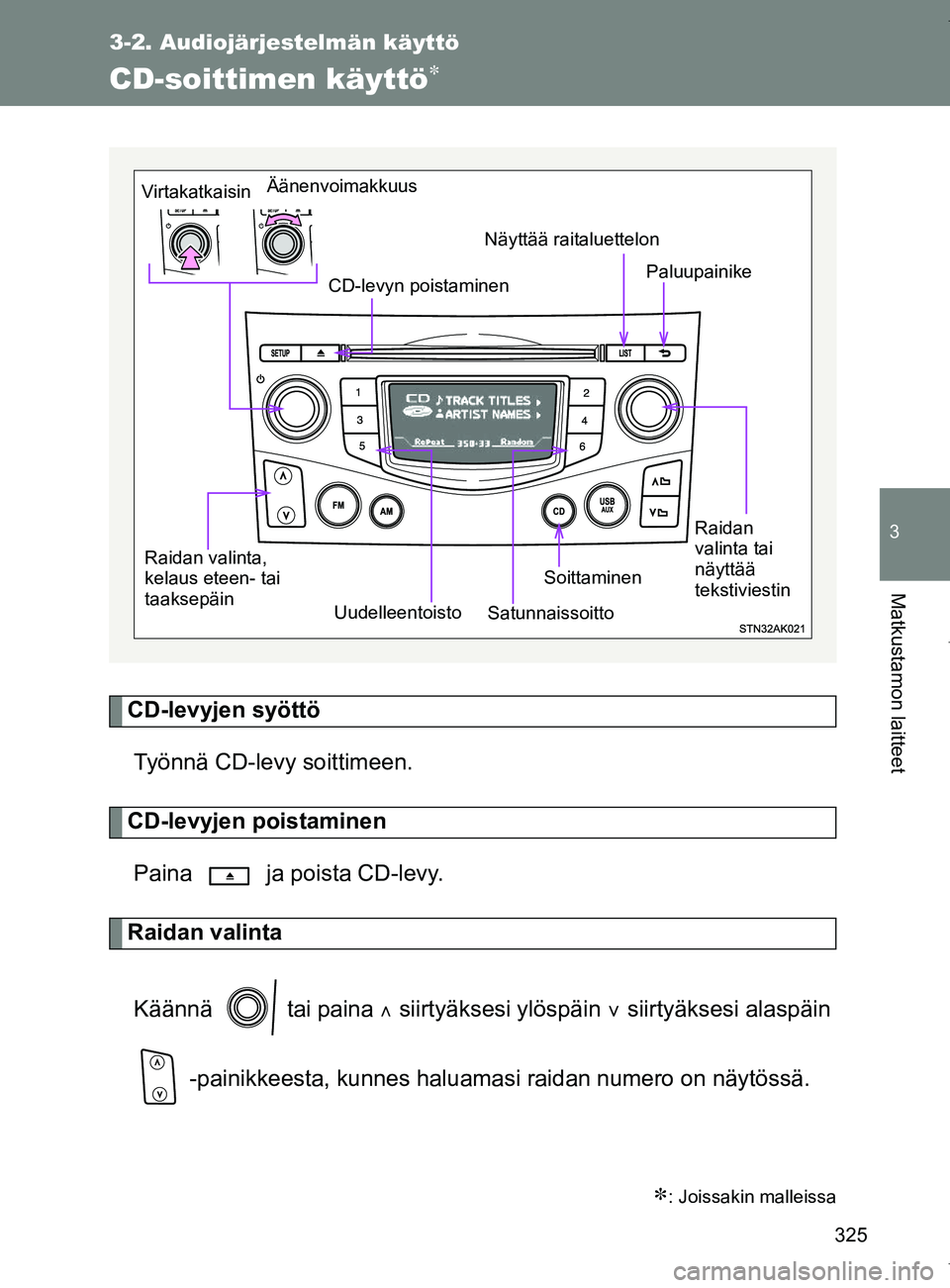 TOYOTA VERSO 2017  Omistajan Käsikirja (in Finnish) 325
3-2. Audiojärjestelmän käyttö
3
Matkustamon laitteet
OM64517FI
CD-soittimen käyttö
CD-levyjen syöttöTyönnä CD-levy soittimeen.
CD-levyjen poistaminenPaina   ja poista CD-levy.
Raidan 