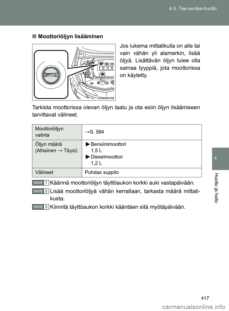 TOYOTA VERSO 2017  Omistajan Käsikirja (in Finnish) 417
4-3. Tee-se-itse-huolto
4
Huolto ja hoito
OM64517FI
■
Moottoriöljyn lisääminen
Jos lukema mittatikulla on alle tai
vain vähän yli alamerkin, lisää
öljyä. Lisättävän öljyn tulee olla
