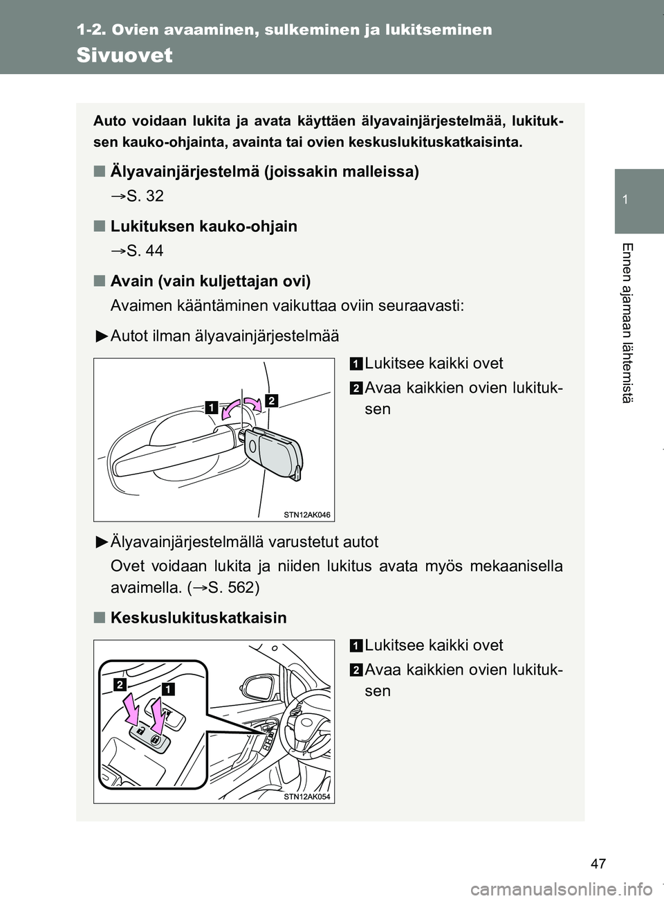TOYOTA VERSO 2017  Omistajan Käsikirja (in Finnish) 47
1
1-2. Ovien avaaminen, sulkeminen ja lukitseminen
Ennen ajamaan lähtemistä
OM64517FI
Sivuovet
Auto voidaan lukita ja avata käytt äen älyavainjärjestelmää, lukituk-
sen kauko-ohjainta, avai