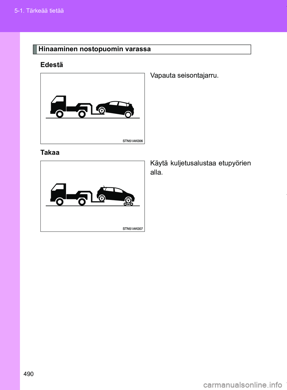 TOYOTA VERSO 2017  Omistajan Käsikirja (in Finnish) 490
5-1. Tärkeää tietää
OM64517FI
Hinaaminen nost
opuomin varassa
Edestä Vapauta seisontajarru.
Takaa Käytä kuljetusalustaa etupyörien
alla.
OM64517FI.book  Page 490  Monday, January 2, 2017 
