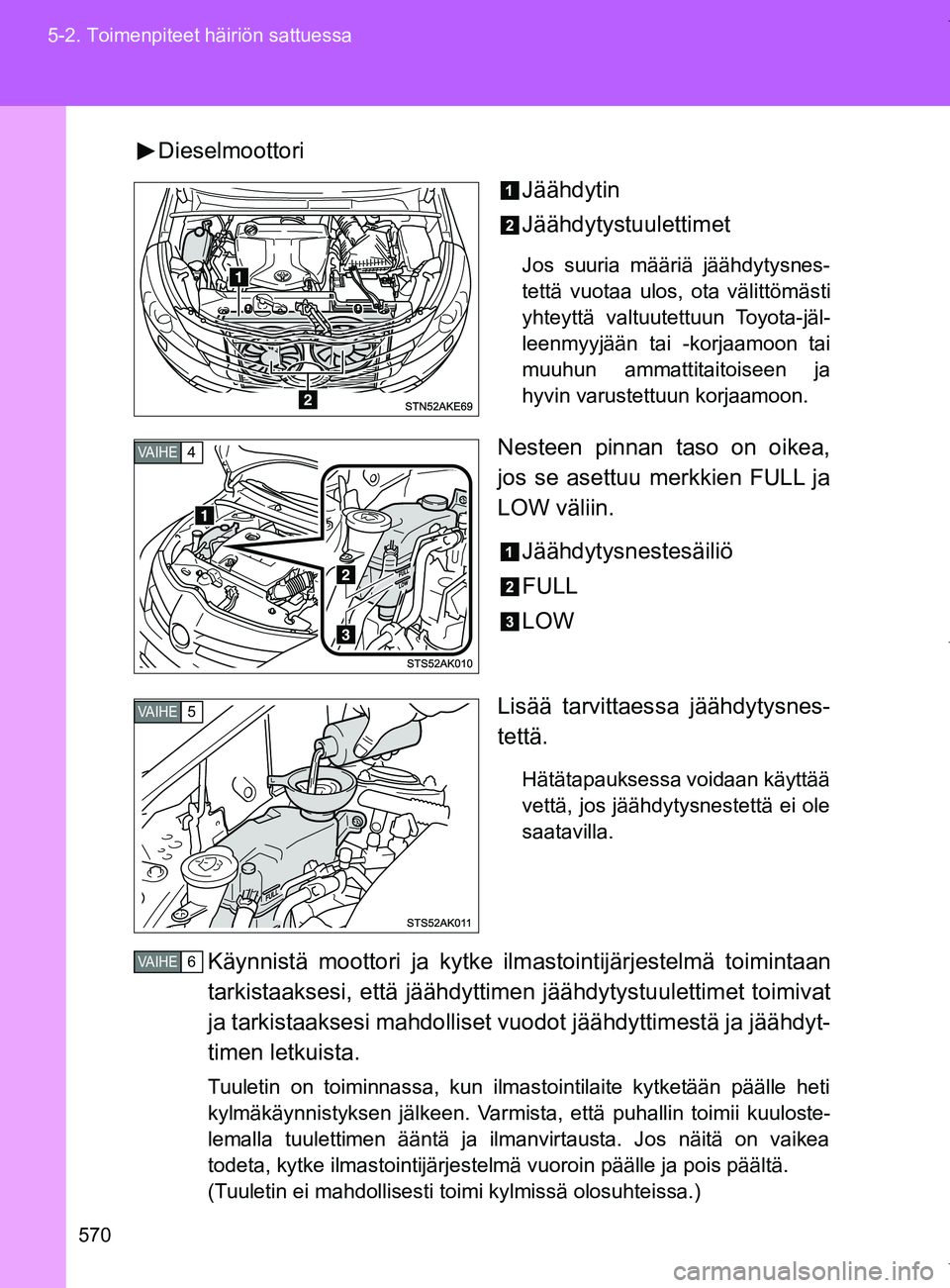 TOYOTA VERSO 2017  Omistajan Käsikirja (in Finnish) 570
5-2. Toimenpiteet häiriön sattuessa
OM64517FI
Dieselmoottori
Jäähdytin
Jäähdytystuulettimet
Jos suuria määriä jäähdytysnes-
tettä vuotaa ulos, ota välittömästi
yhteyttä valtuutettu