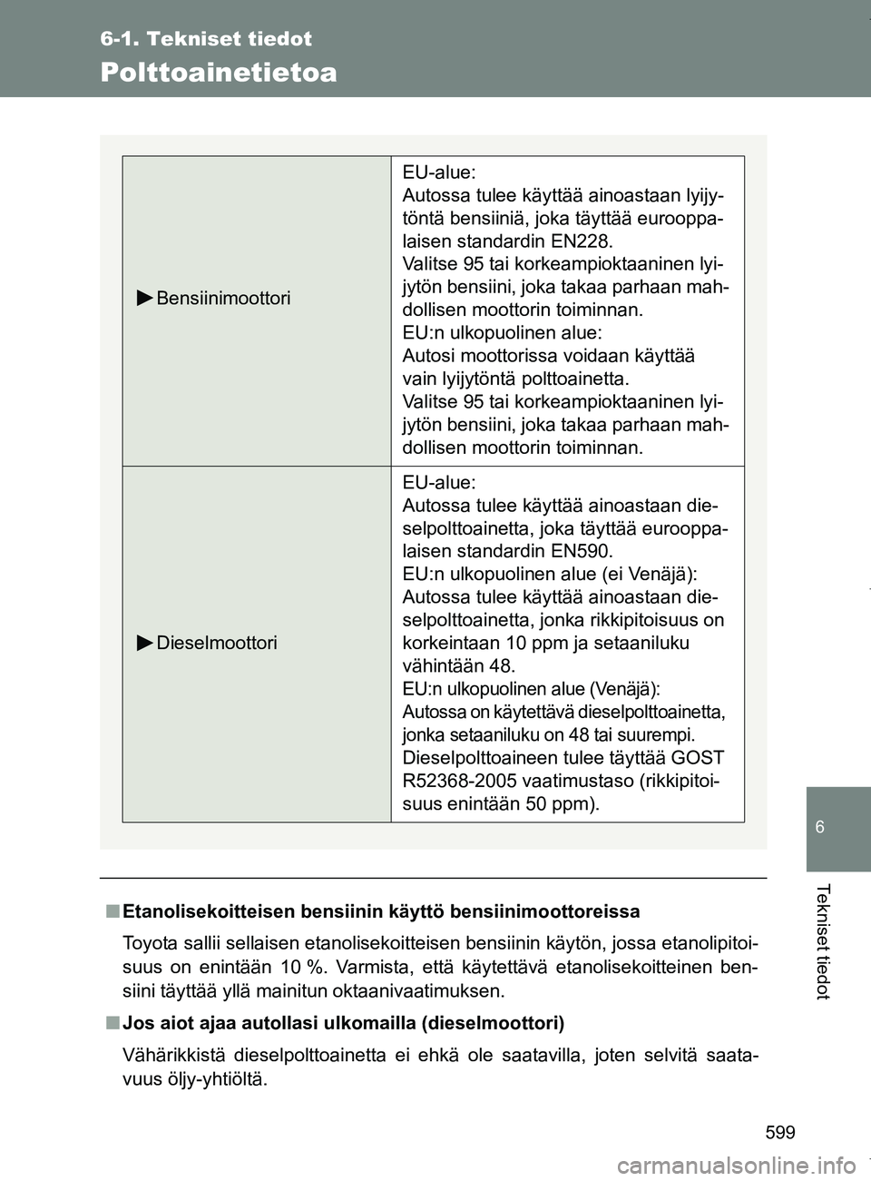 TOYOTA VERSO 2017  Omistajan Käsikirja (in Finnish) 599
6-1. Tekniset tiedot
6
Tekniset tiedot
OM64517FI
Polttoainetietoa
■Etanolisekoitteisen bensiinin käyttö bensiinimoottoreissa
Toyota sallii sellaisen etanolisekoitteisen bensiinin käytön, jos