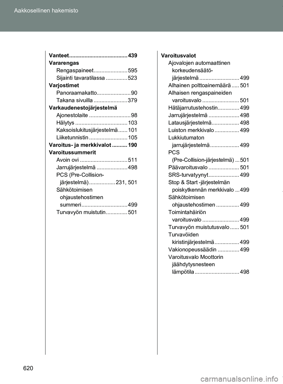 TOYOTA VERSO 2017  Omistajan Käsikirja (in Finnish) 620
Aakkosellinen hakemisto
OM64517FI
Vanteet ...................................... 439
Vararengas
Rengaspaineet ...................... 595
Sijainti tavaratilassa .............. 523
Varjostimet
Panor