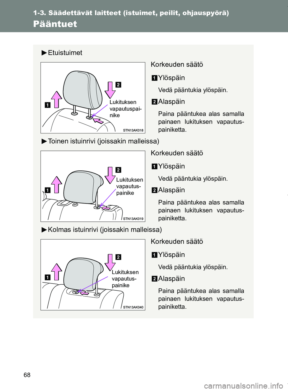 TOYOTA VERSO 2017  Omistajan Käsikirja (in Finnish) 68
1-3. Säädettävät laitteet (istuimet, peilit, ohjauspyörä)
OM64517FI
Pääntuet
EtuistuimetKorkeuden säätö
Ylöspäin
Vedä pääntukia ylöspäin.
Alaspäin
Paina pääntukea alas samalla
