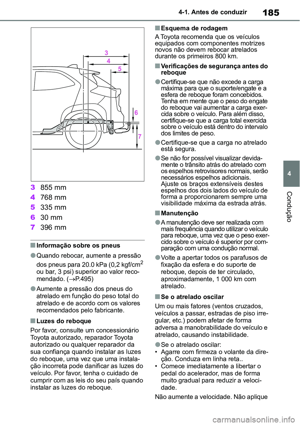 TOYOTA YARIS CROSS 2022 Manual de utilização (in Portuguese) 185
4 4-1. Antes de conduzir
Condução3855 mm
4768 mm
5335 mm
630 mm
7396 mm
Informação sobre os pneus
Quando rebocar, aumente a pressão
dos pneus para 20.0 kPa (0,2 kgf/cm2
ou bar, 3 psi) TOYOTA YARIS CROSS 2022 Manual de utilização (in Portuguese) 185
4 4-1. Antes de conduzir
Condução3855 mm
4768 mm
5335 mm
630 mm
7396 mm
Informação sobre os pneus
Quando rebocar, aumente a pressão
dos pneus para 20.0 kPa (0,2 kgf/cm2
ou bar, 3 psi)