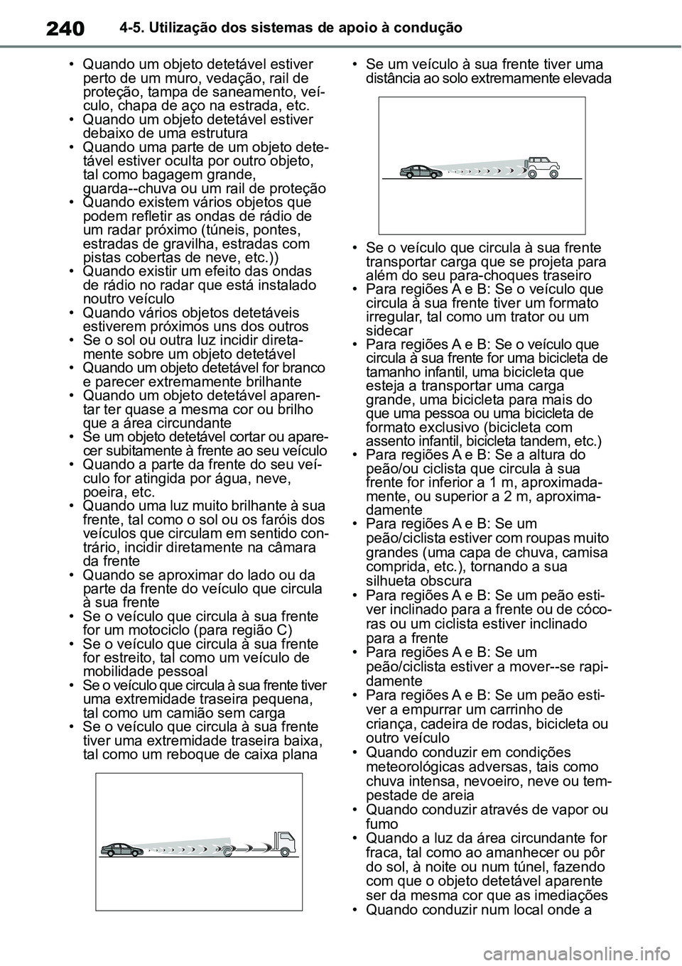 TOYOTA YARIS CROSS 2022 Manual de utilização (in Portuguese) 2404-5. Utilização dos sistemas de apoio à condução
• Quando um objeto detetável estiver
perto de um muro, vedação, rail de
proteção, tampa de saneamento, veí-
culo, chapa de aço na es TOYOTA YARIS CROSS 2022 Manual de utilização (in Portuguese) 2404-5. Utilização dos sistemas de apoio à condução
• Quando um objeto detetável estiver
perto de um muro, vedação, rail de
proteção, tampa de saneamento, veí-
culo, chapa de aço na es