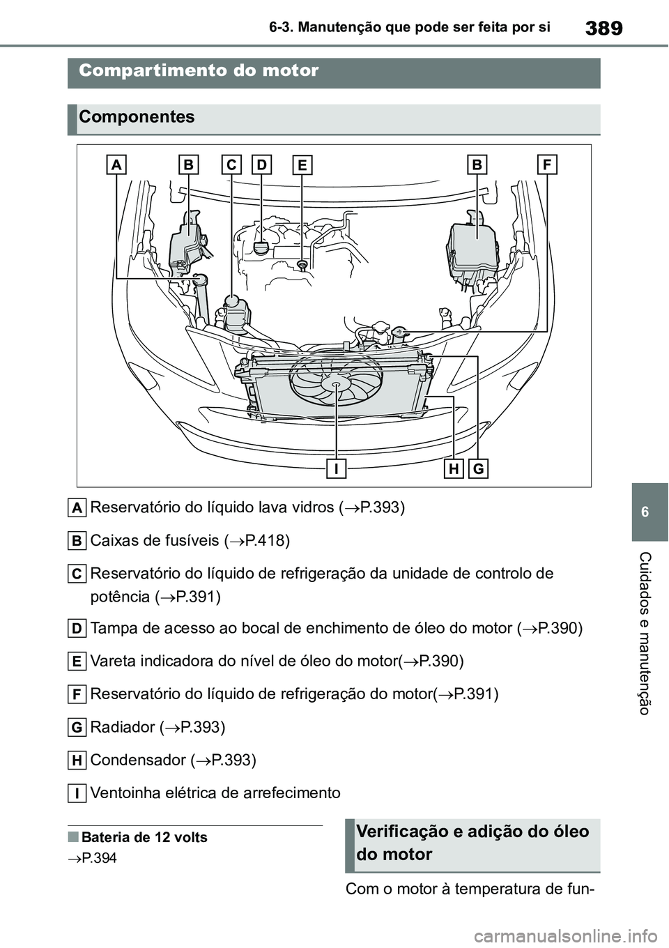 TOYOTA YARIS CROSS 2022  Manual de utilização (in Portuguese) 389
6 6-3. Manutenção que pode ser feita por si
Cuidados e manutenção
Reservatório do líquido lava vidros (P.393)
Caixas de fusíveis (P.418)
Reservatório do líquido de refrigeração da
