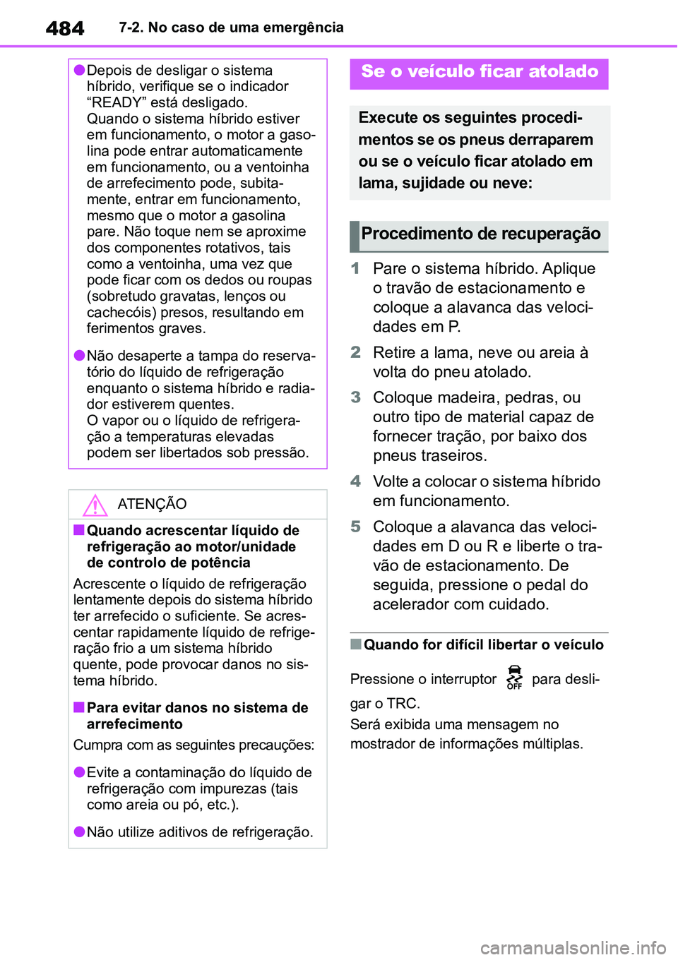TOYOTA YARIS CROSS 2022 Manual de utilização (in Portuguese) 4847-2. No caso de uma emergência
1Pare o sistema híbrido. Aplique
o travão de estacionamento e
coloque a alavanca das veloci-
dades em P.
2Retire a lama, neve ou areia à
volta do pneu atolado. TOYOTA YARIS CROSS 2022 Manual de utilização (in Portuguese) 4847-2. No caso de uma emergência
1Pare o sistema híbrido. Aplique
o travão de estacionamento e
coloque a alavanca das veloci-
dades em P.
2Retire a lama, neve ou areia à
volta do pneu atolado.
