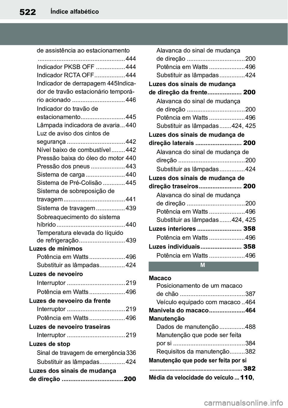 TOYOTA YARIS CROSS 2022 Manual de utilização (in Portuguese) 522Índice alfabético
de assistência ao estacionamento
................................................... 444
Indicador PKSB OFF ................. 444
Indicador RCTA OFF.................. 444
Indic TOYOTA YARIS CROSS 2022 Manual de utilização (in Portuguese) 522Índice alfabético
de assistência ao estacionamento
................................................... 444
Indicador PKSB OFF ................. 444
Indicador RCTA OFF.................. 444
Indic