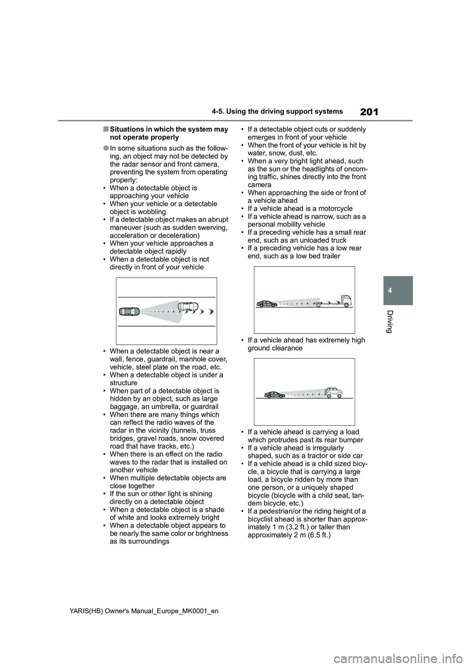 TOYOTA YARIS HATCHBACK 2021 Owners Manual 201
4
YARIS(HB) Owners Manual_Europe_MK0001_en
4-5. Using the driving support systems
Driving
■Situations in which the system may
not operate properly
●In some situations such as the follow-
ing TOYOTA YARIS HATCHBACK 2021 Owners Manual 201
4
YARIS(HB) Owners Manual_Europe_MK0001_en
4-5. Using the driving support systems
Driving
■Situations in which the system may
not operate properly
●In some situations such as the follow-
ing