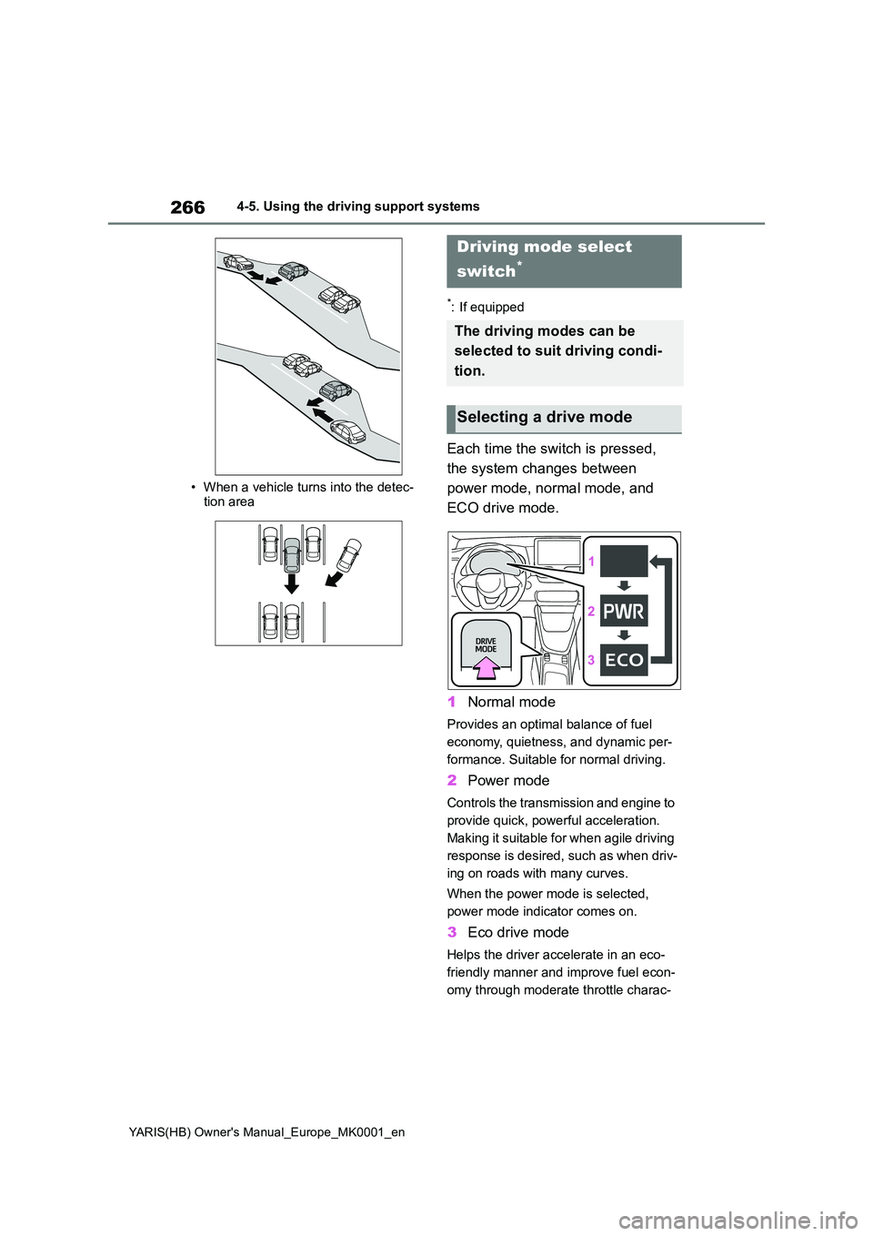 TOYOTA YARIS HATCHBACK 2021  Owners Manual 266
YARIS(HB) Owners Manual_Europe_MK0001_en
4-5. Using the driving support systems 
• When a vehicle turns into the detec- tion area
*: If equipped
Each time the switch is pressed,  
the system ch