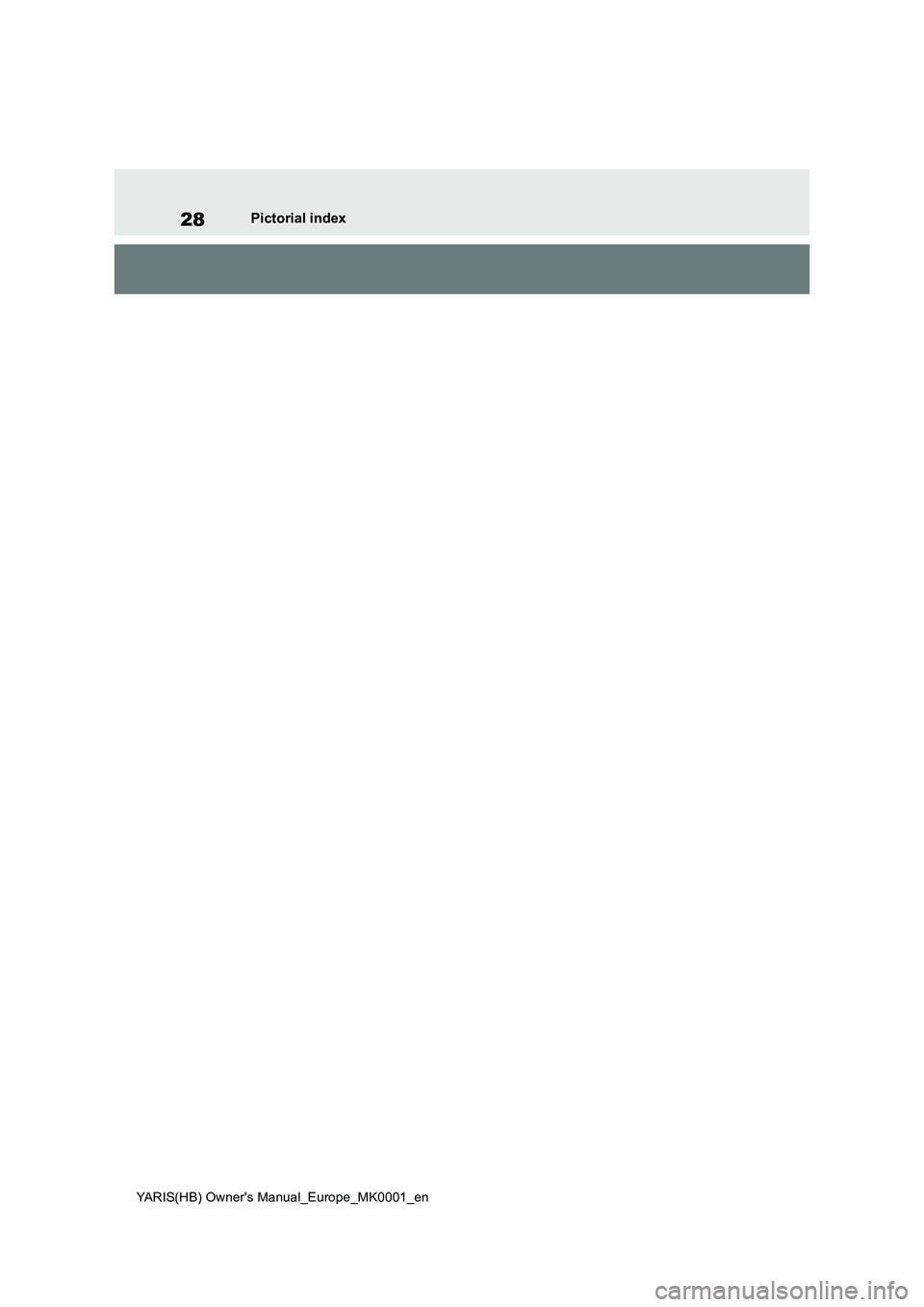 TOYOTA YARIS HATCHBACK 2021  Owners Manual 28
YARIS(HB) Owners Manual_Europe_MK0001_en
Pictorial index 