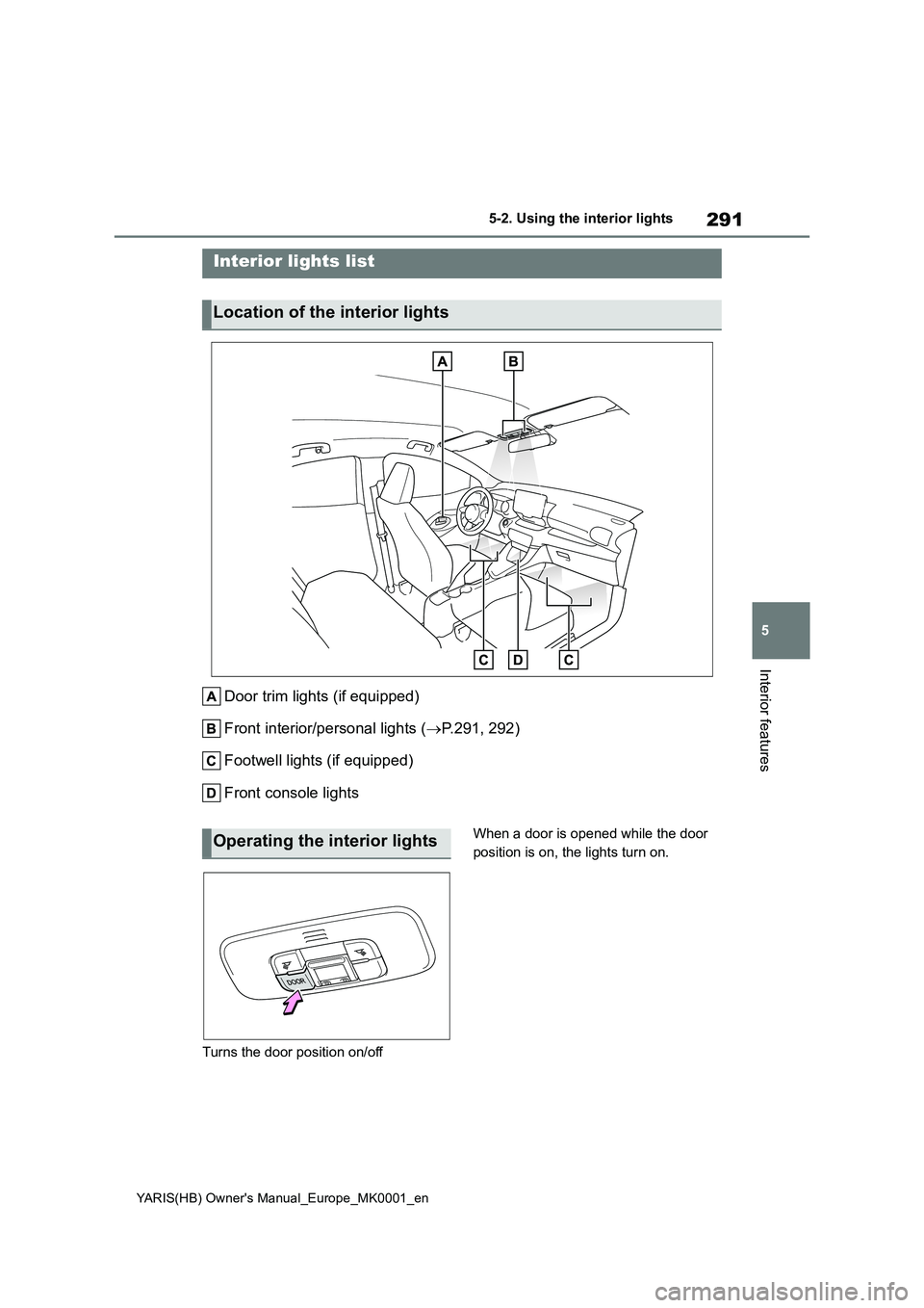 TOYOTA YARIS HATCHBACK 2021  Owners Manual 291
5
YARIS(HB) Owners Manual_Europe_MK0001_en
5-2. Using the interior lights
Interior features
5-2.Using  the  interior lights
Door trim lights (if equipped) 
Front interior/personal lights ( →P.2