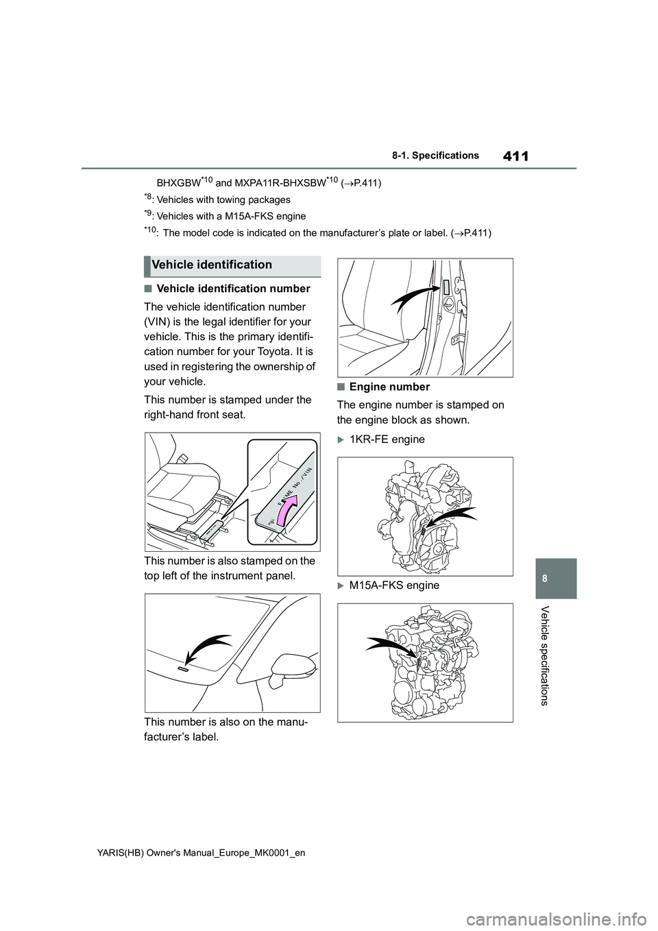 TOYOTA YARIS HATCHBACK 2021  Owners Manual 411
8
YARIS(HB) Owners Manual_Europe_MK0001_en
8-1. Specifications
Vehicle specifications
BHXGBW*10 and MXPA11R-BHXSBW*10 (→P.411)
*8: Vehicles with towing packages
*9: Vehicles with a M15A-FKS eng