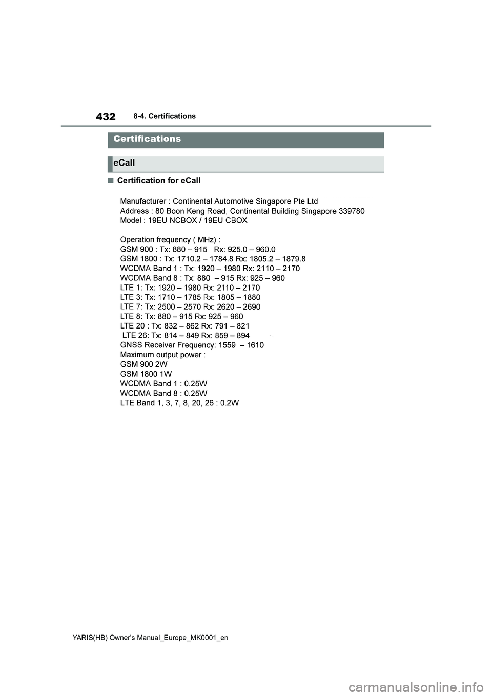 TOYOTA YARIS HATCHBACK 2021  Owners Manual 432
YARIS(HB) Owners Manual_Europe_MK0001_en
8-4. Certifications
8-4.Certifications
■Certification for eCall
Certifications
eCall 