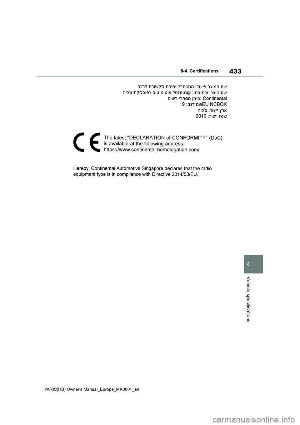 TOYOTA YARIS HATCHBACK 2021  Owners Manual 433
8
YARIS(HB) Owners Manual_Europe_MK0001_en
8-4. Certifications
Vehicle specifications 