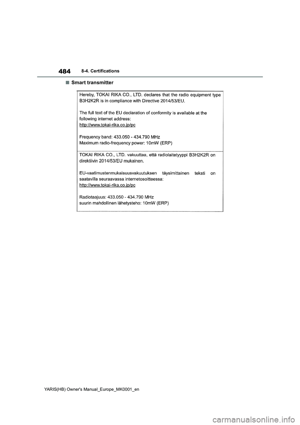 TOYOTA YARIS HATCHBACK 2021  Owners Manual 484
YARIS(HB) Owners Manual_Europe_MK0001_en
8-4. Certifications
■Smart transmitter 