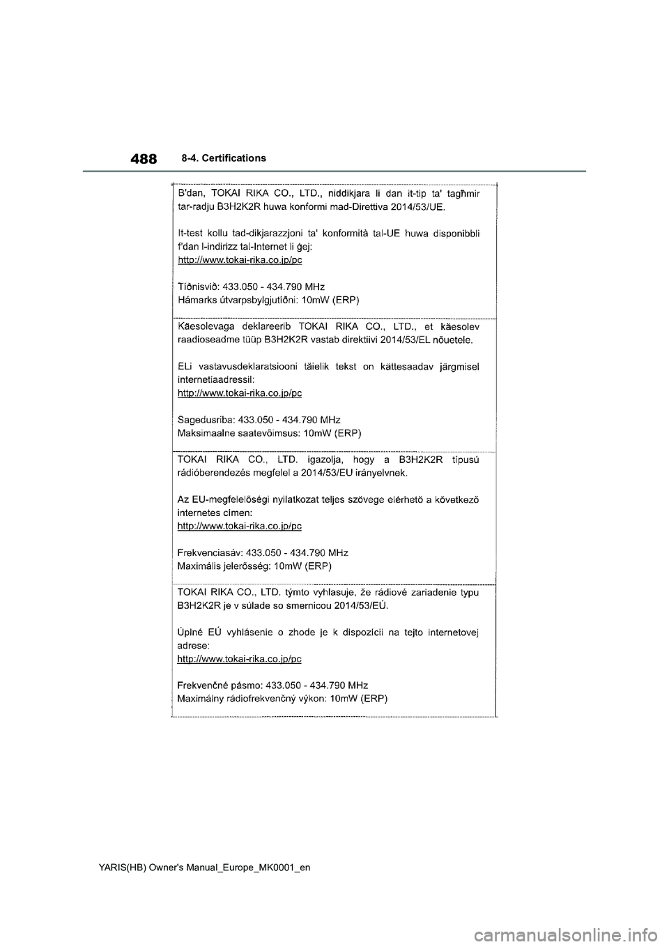 TOYOTA YARIS HATCHBACK 2021  Owners Manual 488
YARIS(HB) Owners Manual_Europe_MK0001_en
8-4. Certifications 