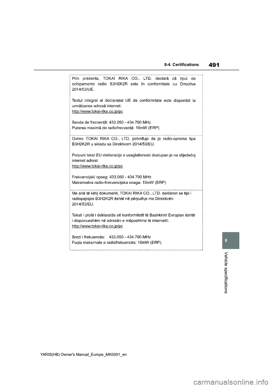 TOYOTA YARIS HATCHBACK 2021  Owners Manual 491
8
YARIS(HB) Owners Manual_Europe_MK0001_en
8-4. Certifications
Vehicle specifications 