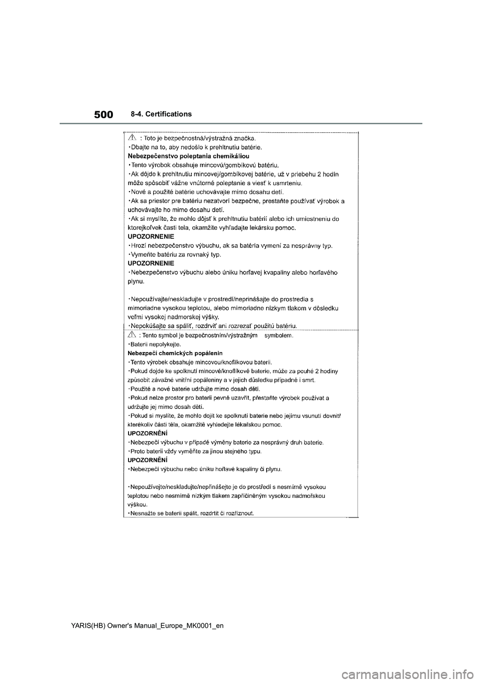 TOYOTA YARIS HATCHBACK 2021  Owners Manual 500
YARIS(HB) Owners Manual_Europe_MK0001_en
8-4. Certifications 