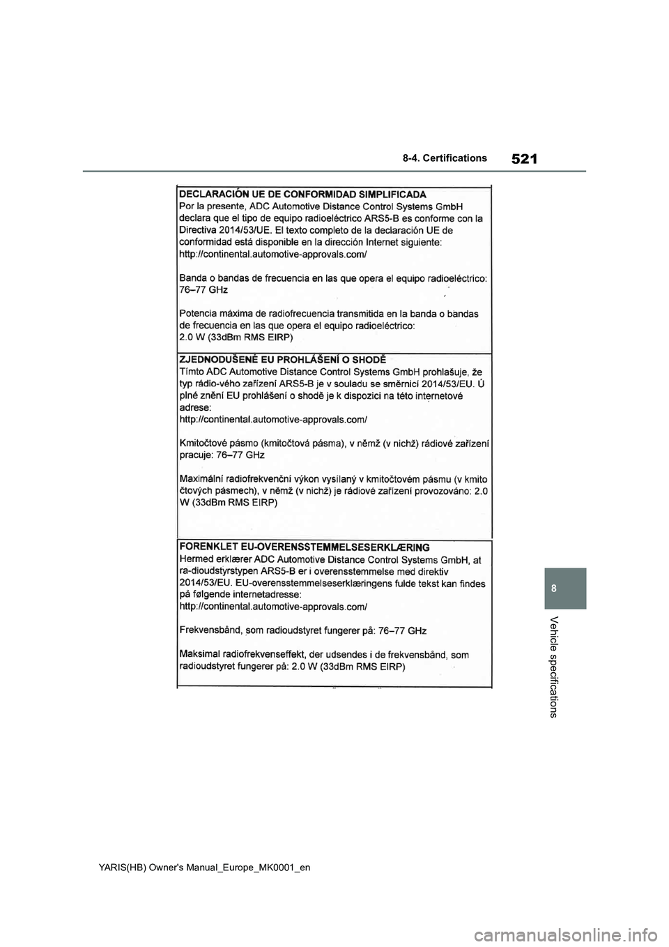 TOYOTA YARIS HATCHBACK 2021  Owners Manual 521
8
YARIS(HB) Owners Manual_Europe_MK0001_en
8-4. Certifications
Vehicle specifications 