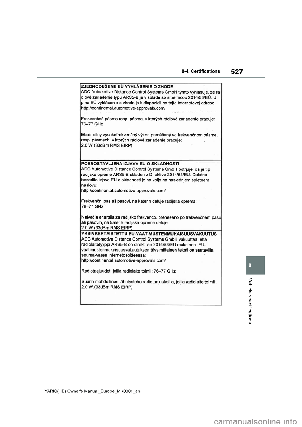 TOYOTA YARIS HATCHBACK 2021  Owners Manual 527
8
YARIS(HB) Owners Manual_Europe_MK0001_en
8-4. Certifications
Vehicle specifications 