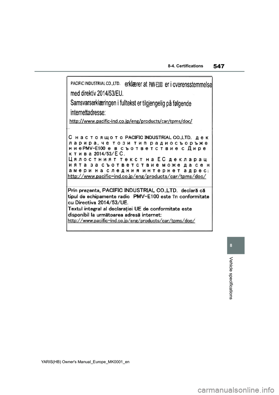 TOYOTA YARIS HATCHBACK 2021  Owners Manual 547
8
YARIS(HB) Owners Manual_Europe_MK0001_en
8-4. Certifications
Vehicle specifications 