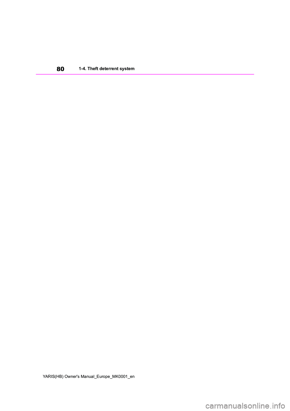 TOYOTA YARIS HATCHBACK 2021  Owners Manual 80
YARIS(HB) Owners Manual_Europe_MK0001_en
1-4. Theft deterrent system 